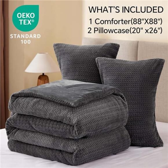 Fluffy Queen Comforter Set - Furry Grey Leaves Pattern Faux Fur Bed Set, Winter - Picture 6 of 7